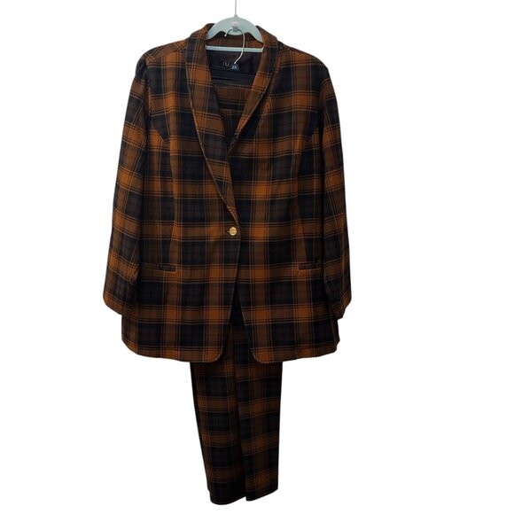 Iman: 2pc Plaid Pantsuit, Size 2X, Brunt Orange, Brown, Black - Picture 2 of 13